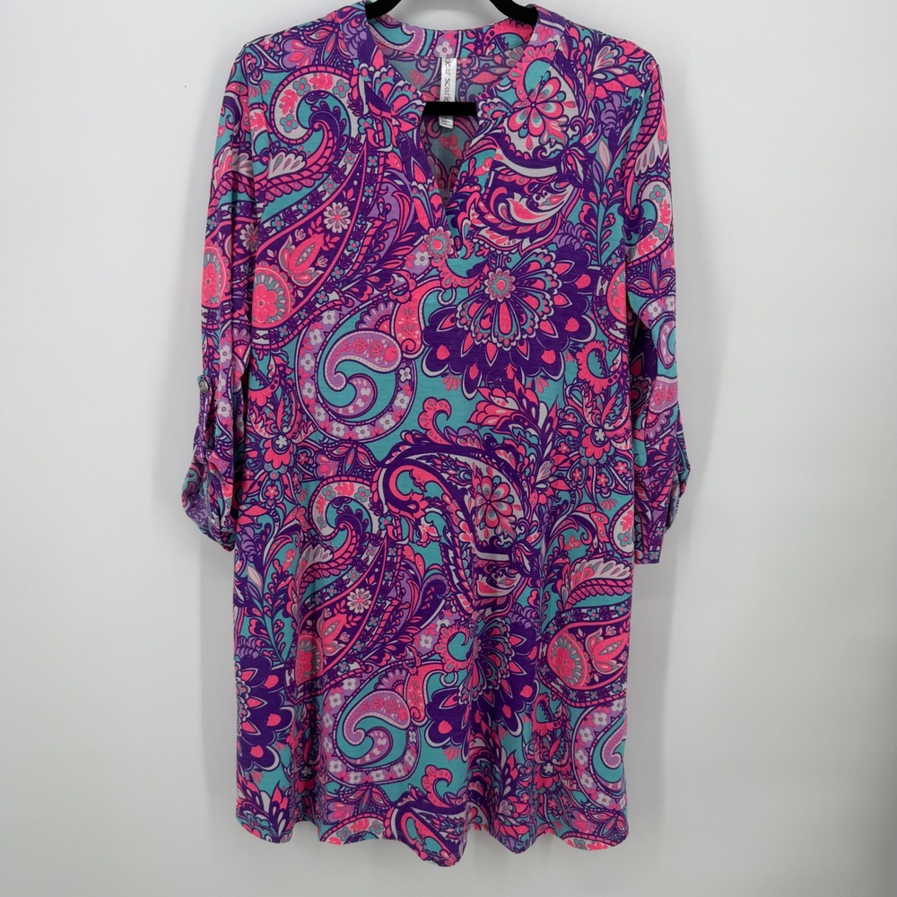Dear Scarlett‎ Knit Tunic Dress Womens Large Purple Pink Paisley NEW Boho Retro
